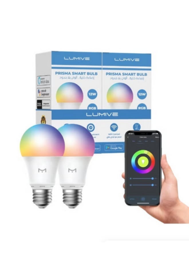 لوميف مصابيح Lumive الذكية المتوافقة مع Alexa وGoogle Home. لمبات LED بقدرة 12 وات E27 مع إضاءة WiFi RGB WW/WC، قابلة للتعتيم، توفر 16 مليون لون و1100 لومن. عبوة من قطعتين. لا حاجة إلى محور. - Image 1