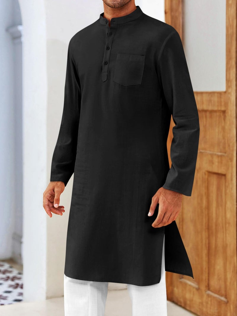 Gafeng Mens Kaftan Robe Button Down Long Sleeve Henley Cotton Thobe Casual Side Split Gown Shirt Black - Image 4