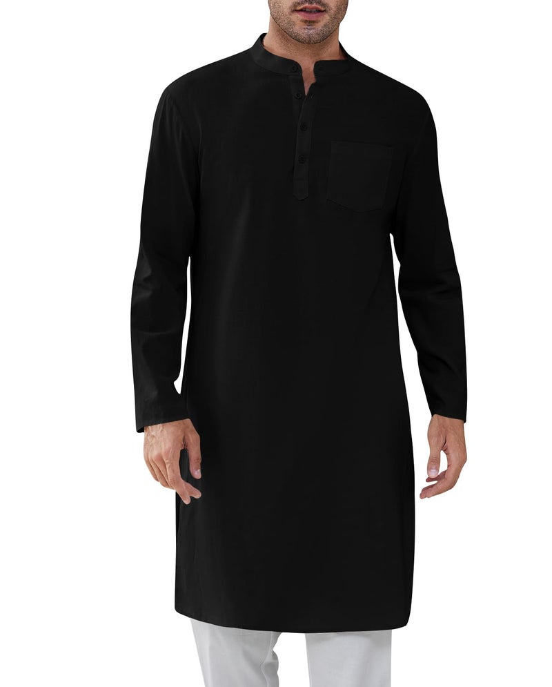 Gafeng Mens Kaftan Robe Button Down Long Sleeve Henley Cotton Thobe Casual Side Split Gown Shirt Black - Image 1