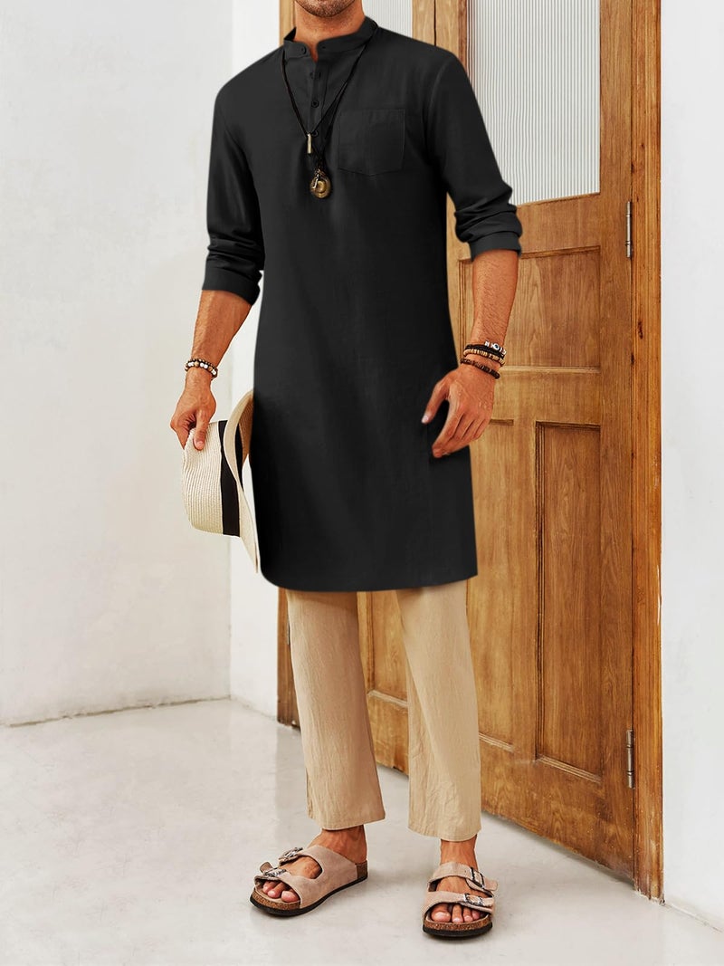 Gafeng Mens Kaftan Robe Button Down Long Sleeve Henley Cotton Thobe Casual Side Split Gown Shirt Black - Image 5