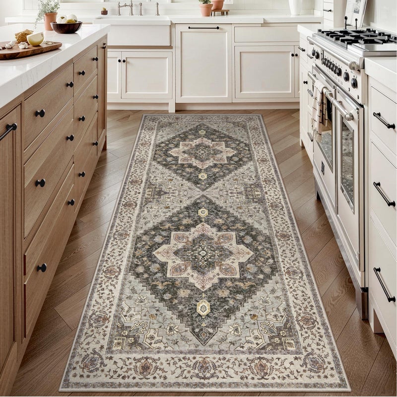 Tangsoo 2x6 Washable Runner Rug for Hallways, Non Slip Vintage Runner, Soft Low Pile Long Rug Runner, Print Distressed Grey Carpet Runners for Kitchen Bedroom Entryway Bathroom Living Room - Image 1