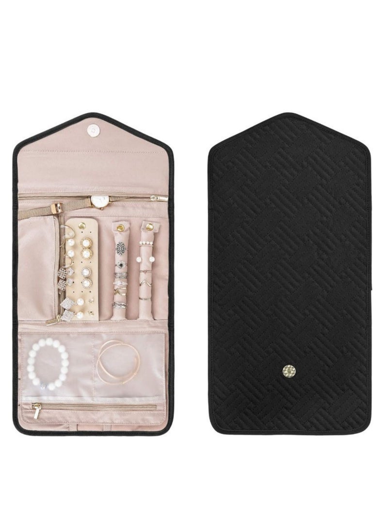 NOVOLAN Portable Jewelry Bag, Travel Jewelry Organizer, Fabric Jewelry Storage Pouch, Separate Compartments for Necklaces, Earrings, Bracelets, Rings, 45x23cm Unfolded, Foldable Easy Packing (black) - Image 2