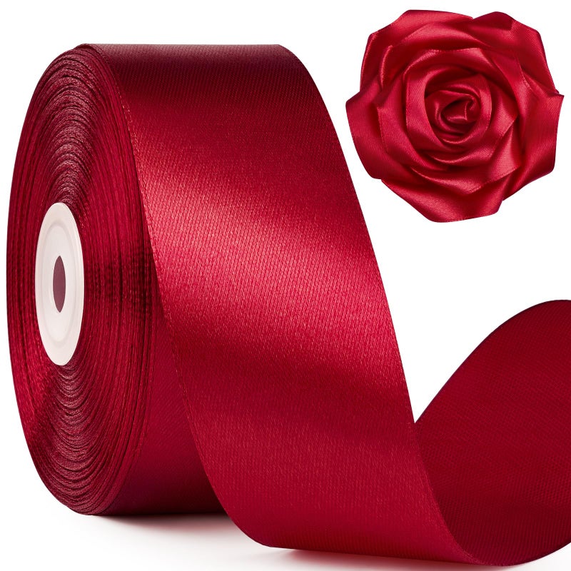 Mauproy 1-1/2 Inch Wide Wine Red Satin Ribbon, 50 Yards Solid Polyester Fabric Ribbon for Roses Making, Gift Wrapping, Mother's Day, Wedding Decorations, Crafts, Bows - Image 1