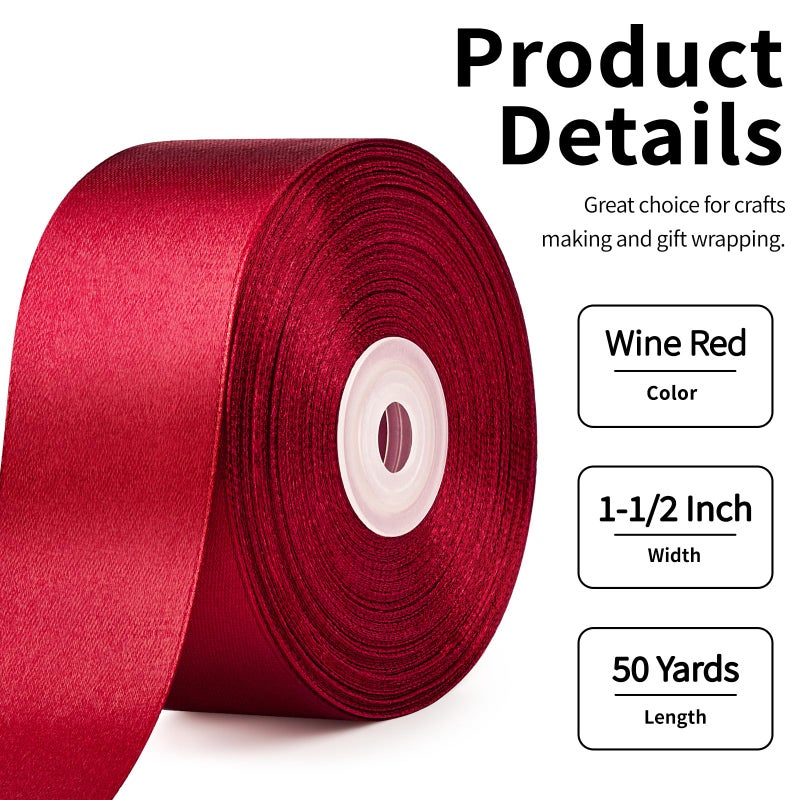 Mauproy 1-1/2 Inch Wide Wine Red Satin Ribbon, 50 Yards Solid Polyester Fabric Ribbon for Roses Making, Gift Wrapping, Mother's Day, Wedding Decorations, Crafts, Bows - Image 2