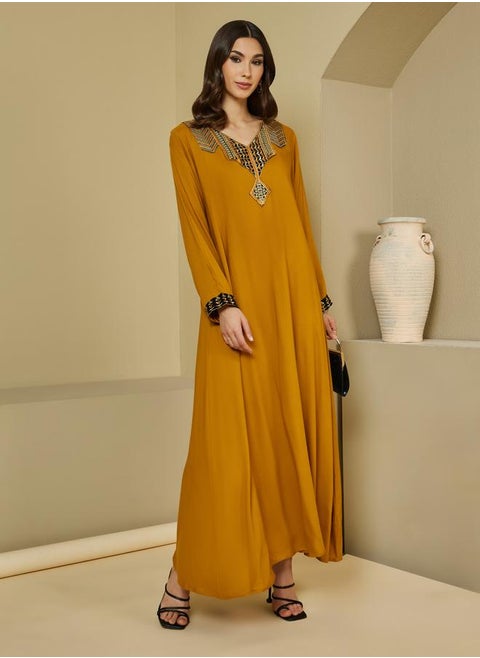 Styli Embroidered Patch Work V Neck Jalabiya