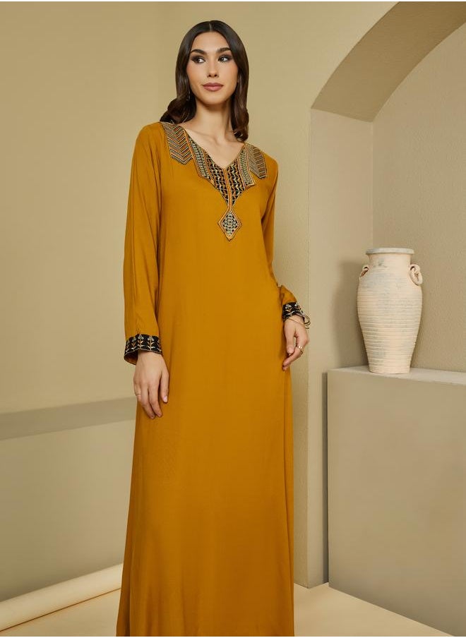 Styli - Styli Embroidered Patch Work V Neck Jalabiya - Image 1