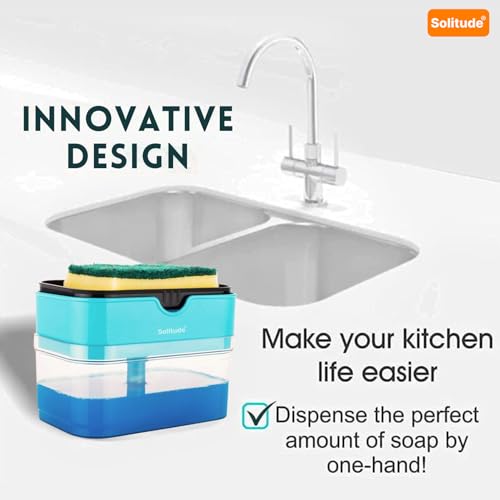 Solitude Soap Dispenser - Sponge Holder Dish Sink Dishwashing Liquid Instant Refill Durable 2-in-1 Soap Dispenser with 2 Sponge & 2 Dishwash Cloth for Kitchen, Liquid Dish Wash Pump Dispenser (400ml) - Image 5