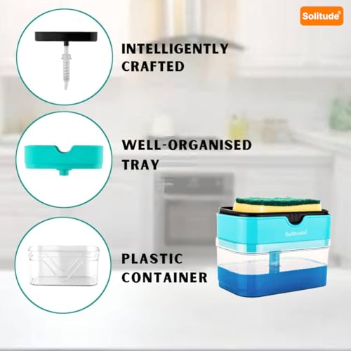 Solitude Soap Dispenser - Sponge Holder Dish Sink Dishwashing Liquid Instant Refill Durable 2-in-1 Soap Dispenser with 2 Sponge & 2 Dishwash Cloth for Kitchen, Liquid Dish Wash Pump Dispenser (400ml) - Image 4