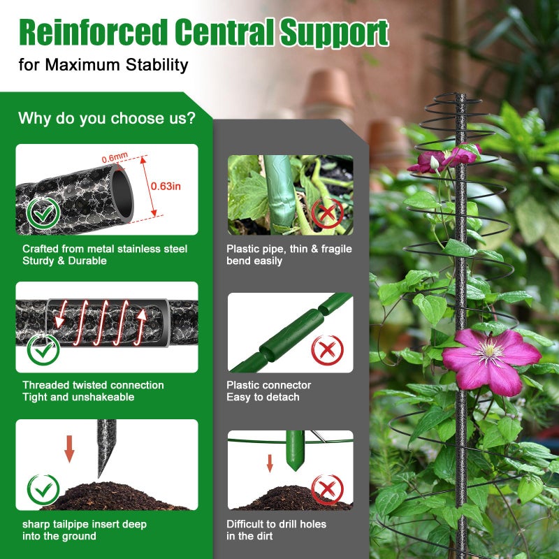 VRIEZOP Spiral Frame Trellis for Climbing Plants Outdoor -72" Tall Heavy Duty Metal Garden Plant Tower Support with Anti-Tip Center Pole,for Pole Bean,Berry,Cucumber,Sweet Peas,Clematis,Potted Plants,Vines - Image 2