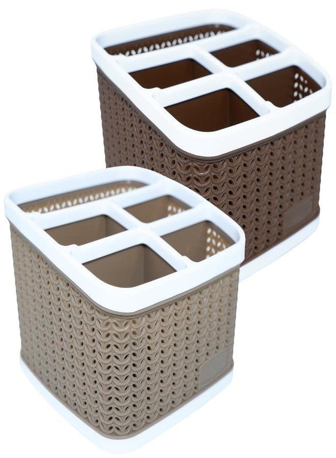 MORVI Stylo Plastic Multipurpose Desk Organizer With 5 Compartments|For Home,Kitchen,Bathroom,Parlour,Office|Pen Stand,Cutlery,Stationary,Cosmetic,Tooth Brush|Set Of 2|Brown Coffee - Image 1