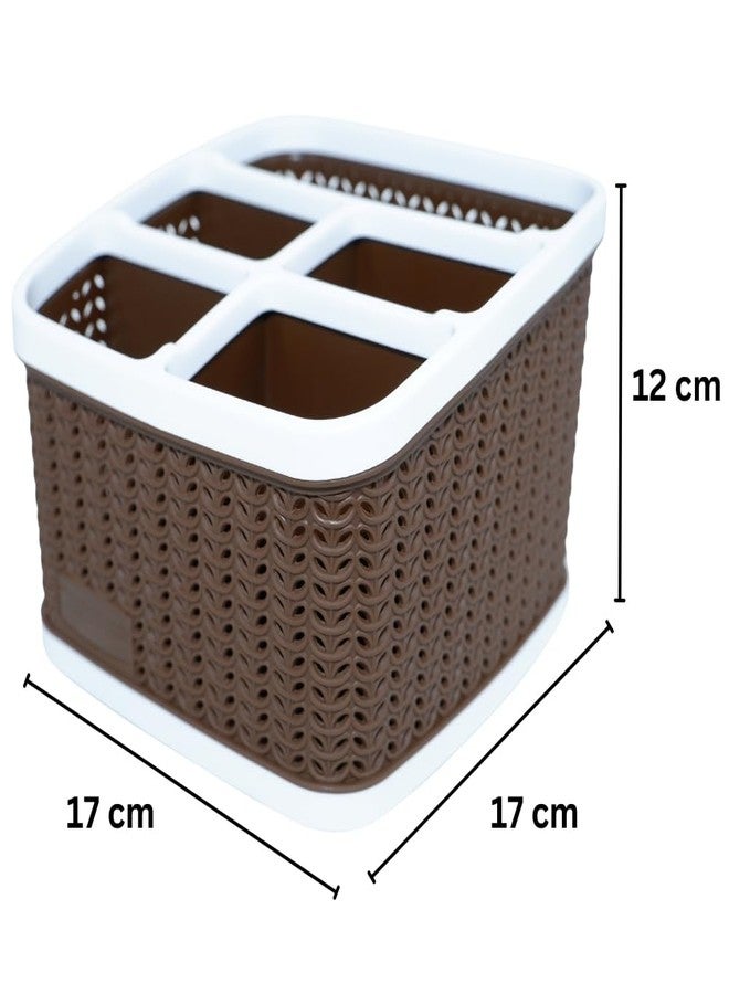 MORVI Stylo Plastic Multipurpose Desk Organizer With 5 Compartments|For Home,Kitchen,Bathroom,Parlour,Office|Pen Stand,Cutlery,Stationary,Cosmetic,Tooth Brush|Set Of 2|Brown Coffee - Image 2