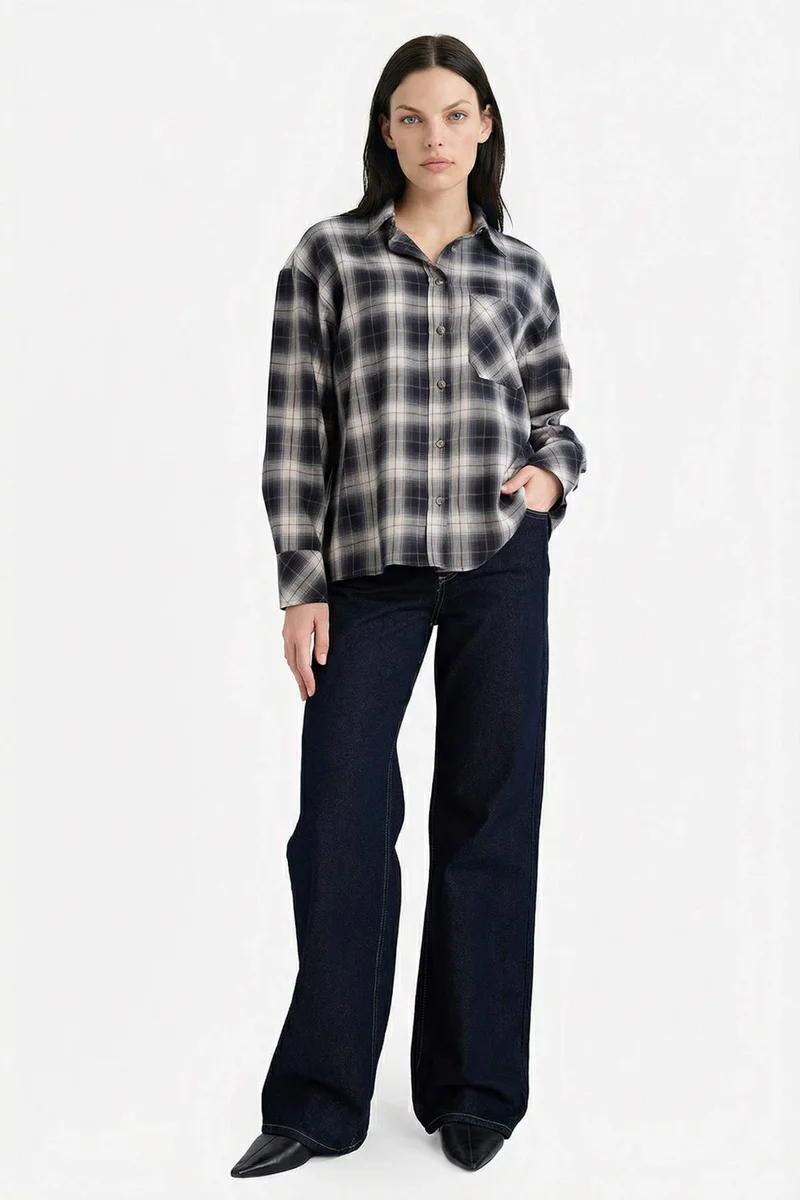 ديفاكتو Oversize Fit Shirt Collar Flanel Plaid Long Sleeve Shirt