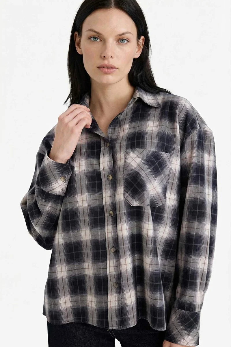 ديفاكتو Oversize Fit Shirt Collar Flanel Plaid Long Sleeve Shirt