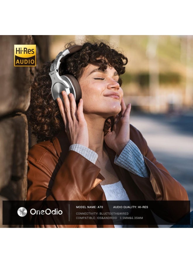 OneOdio A70 Bluetooth Over-Ear Headphones - Dual Wired/Wireless Studio Recording Headphones with SharePort, Foldable Stereo Sound for Electric Drum, Piano & Guitar (Silver) - Image 2