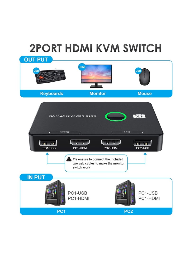 KVM Switch, KVM Switch 1 Monitors 2 Computers, KVM Switches HDMI for 2 Computers Share 1 Monitor, Supports 4K @60 Hz, 2 HDMI Cables and 2 USB Cables Included