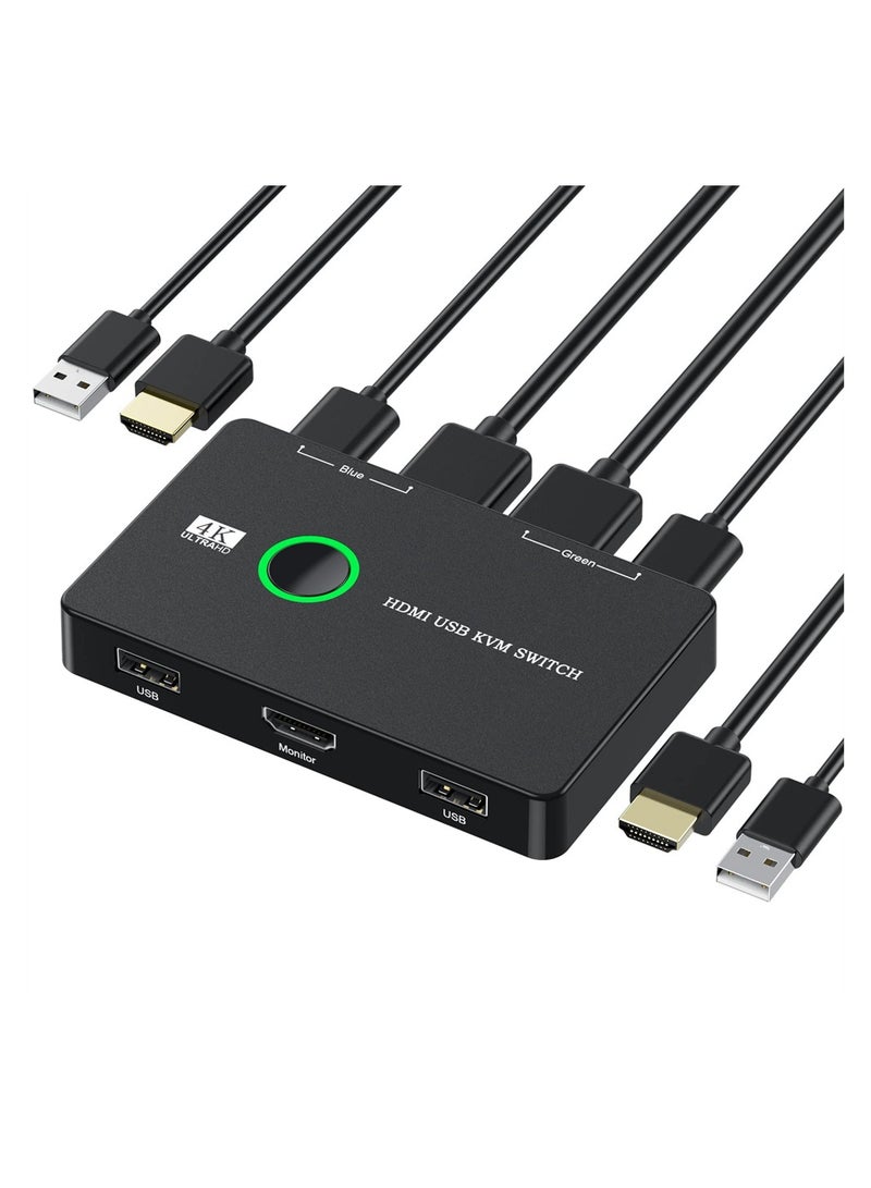 KVM Switch, KVM Switch 1 Monitors 2 Computers, KVM Switches HDMI for 2 Computers Share 1 Monitor, Supports 4K @60 Hz, 2 HDMI Cables and 2 USB Cables Included
