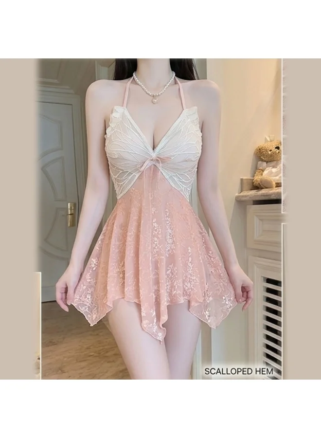 Caprisious Elegant Butterfly Lace Halter Chemise - Floral Velvet Sleepwear