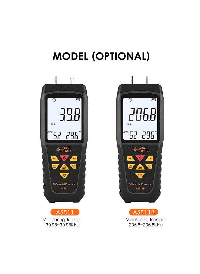 SMART SENSOR AS511B Digital Differential Pressure Gauge -206.8~206.8KPA Manometer Dual Port Air Gas Pressure Tester  - Image 2