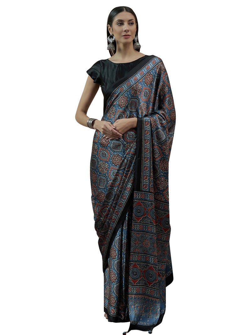 SAREE MALL Women's Blue Pure Crepe Ajrak Printed Saree With Unstitched Blouse (MOHAR710_HS) - Image 1
