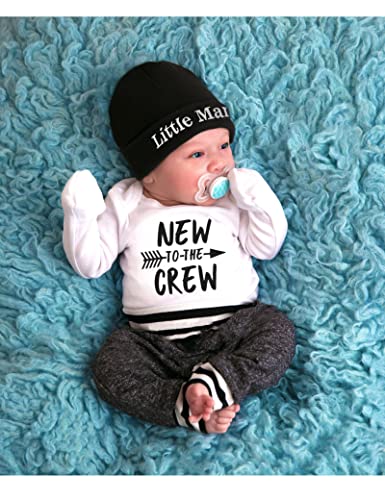 Fommy Baby Boy Clothes 3-6 Months Baby Outfits New to The Crew Letter Print Romper+Pants+Hat 3PCS Infant Boy Clothes Outfits Set - Image 2