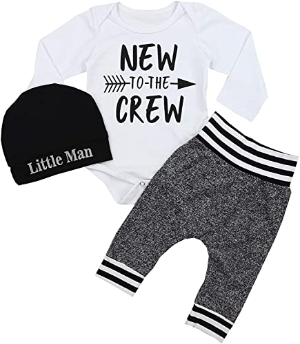 Fommy Baby Boy Clothes 3-6 Months Baby Outfits New to The Crew Letter Print Romper+Pants+Hat 3PCS Infant Boy Clothes Outfits Set - Image 1