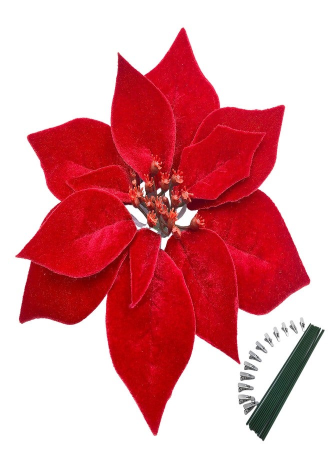 M2cbridge Artificial Christmas Flowers Red Velvet Poinsettia Floral Picks for Christmas Wreath Tree Ornaments(12PCS Thick Red Velvet) - Image 1