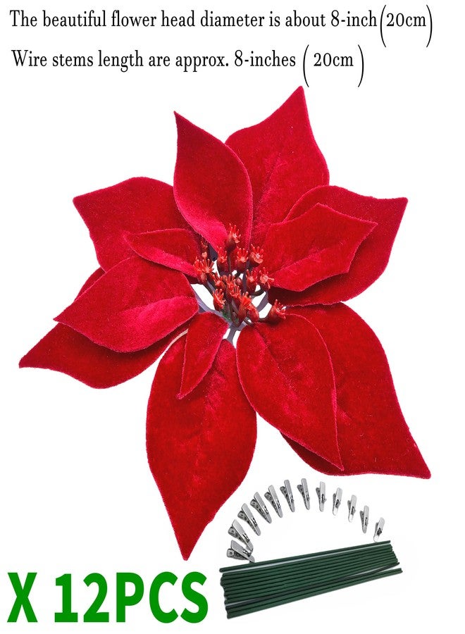M2cbridge Artificial Christmas Flowers Red Velvet Poinsettia Floral Picks for Christmas Wreath Tree Ornaments(12PCS Thick Red Velvet) - Image 2