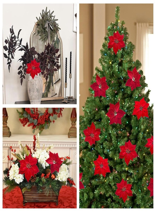 M2cbridge Artificial Christmas Flowers Red Velvet Poinsettia Floral Picks for Christmas Wreath Tree Ornaments(12PCS Thick Red Velvet) - Image 4