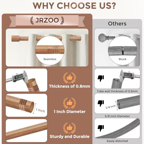 JRZOO Wood Curtain Rods, 1'' Decorative Adjustable Rustic Farmhouse Drapery Rod, Heavy Duty Boho Curtain Pole for Windows 48 to 84 Inch with Imitation Wooden Grain Finials, (Light Wood/Unique Design) - Image 3