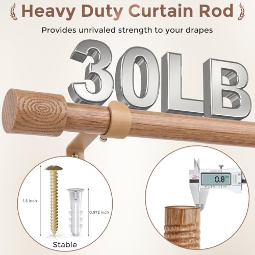 JRZOO Wood Curtain Rods, 1'' Decorative Adjustable Rustic Farmhouse Drapery Rod, Heavy Duty Boho Curtain Pole for Windows 48 to 84 Inch with Imitation Wooden Grain Finials, (Light Wood/Unique Design) - Image 4