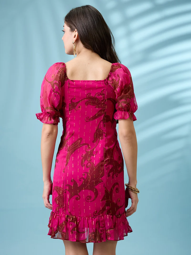 جلو باص Women Pink Square Neck Puff Sleeves Ruched Detail Georgette Ruffle Hem Mini Party Dress