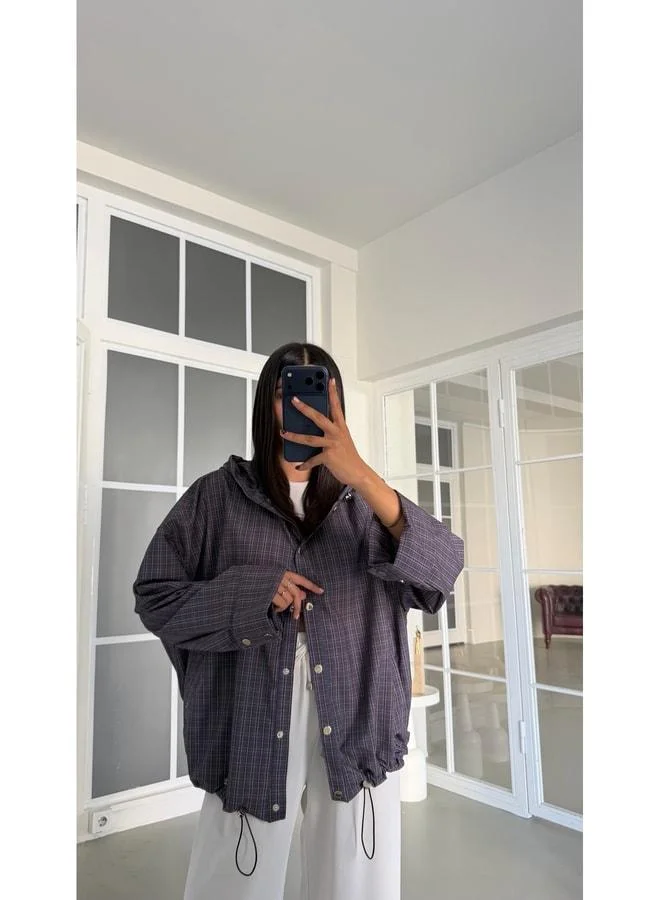Anthracite Snap-Button Checked Hooded Raincoat GAUS-02001.