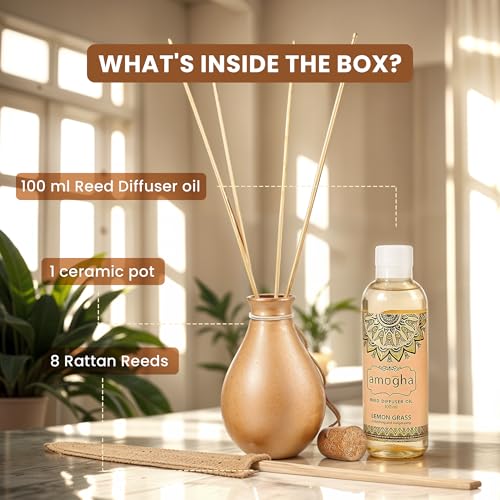 Amogha IRIS Amogha Reed Diffuser | 100ml Fragrance Oil + 8N Reed Sticks | Long-Lasting Aromatherapy Diffuser for Home & Office | Smoke-Free, Flame-Free Air Freshener | Ideal for Gifting (Lemon Grass) - Image 4