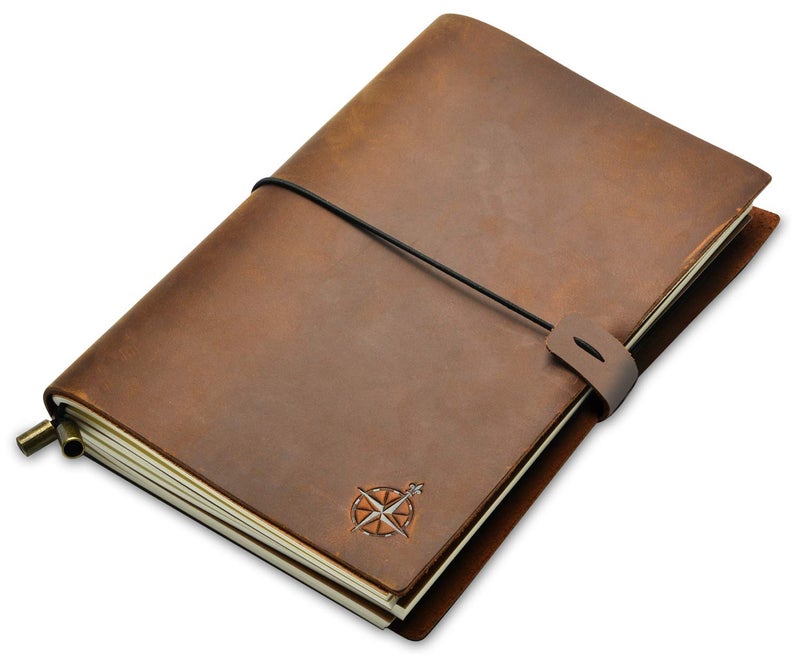 WANDERINGS A5 Travelers Notebook/Handcrafted Genuine Leather Journal - 6"x8.5"/15cmx22cm. This Refillable Travel Journal is Rugged Enough to Capture All Life's Adventures. 120 GSM Blank Inserts - Image 1