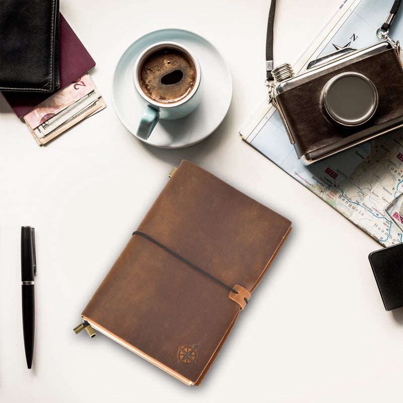 WANDERINGS A5 Travelers Notebook/Handcrafted Genuine Leather Journal - 6"x8.5"/15cmx22cm. This Refillable Travel Journal is Rugged Enough to Capture All Life's Adventures. 120 GSM Blank Inserts - Image 5