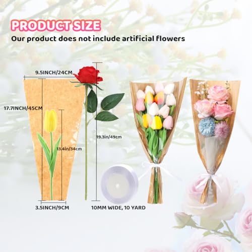 HSONAIGEE 50 Pieces Flower Bouquet Wrapping Paper 177 x 95 Inch Small Flower Bags for Bouquets Kraft Floral Wrap Sleeves with Ribbons for Home Mothers Day Wedding Flower Bar Supplies - Image 3