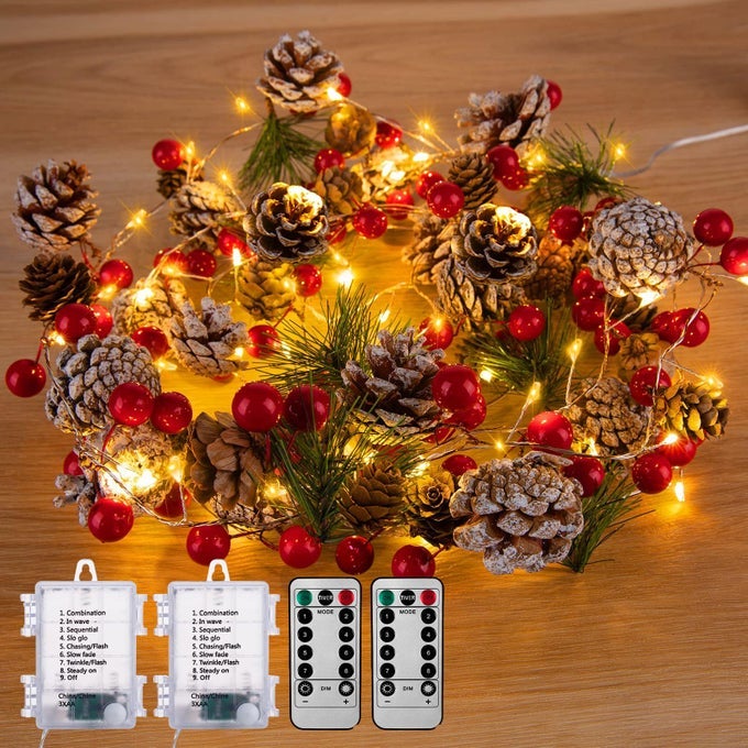 CHRISTMAS PINE LIGHTED GARLAND DECOR BATTERY OPERATED 98 FT 60 LEDS RED BERRY PINE CONE WITH 8 MODES REMOTE CONTROL FOR MANTLE FIREPLACE STAIRS XMAS TREE INDOOR DECOR 2 PACK