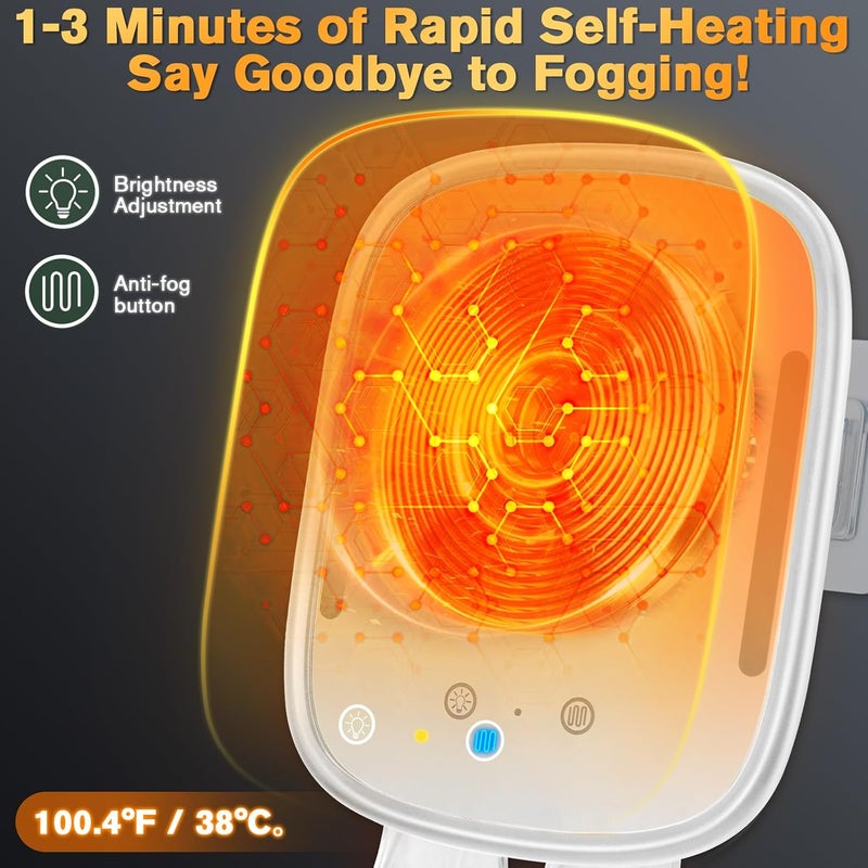 Showvigor Heated Shower Mirror Fogless for Men, Rechargeable Anti-Fog Shaving Mirror No-Drilling -Adjustable Dimmable Lights with 2 Razor Holders & Detachable Suction Cups Waterproof for Bathroom(White) - Image 3
