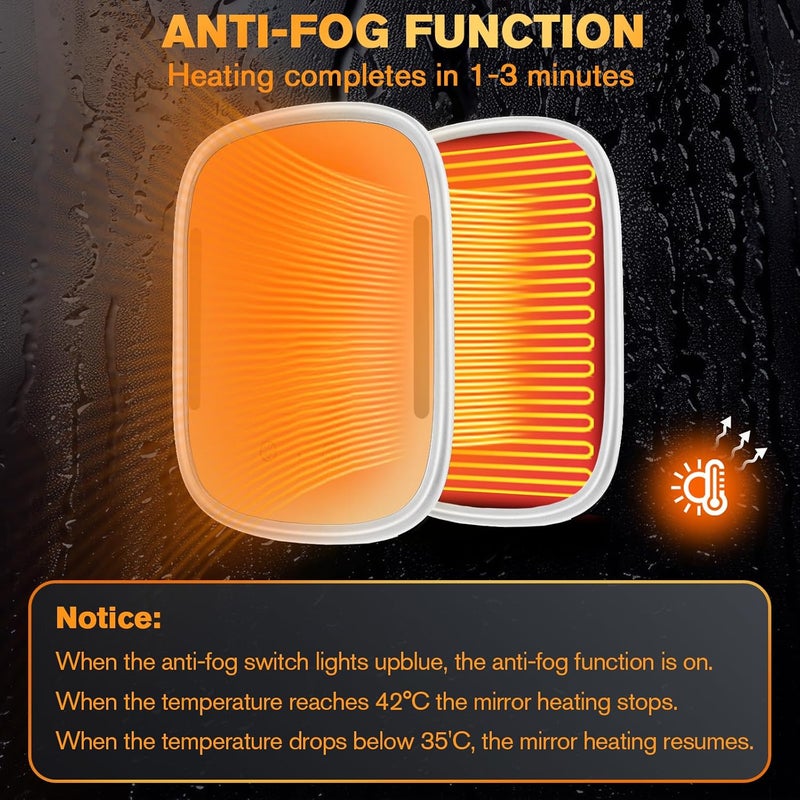 Showvigor Heated Shower Mirror Fogless for Men, Rechargeable Anti-Fog Shaving Mirror No-Drilling -Adjustable Dimmable Lights with 2 Razor Holders & Detachable Suction Cups Waterproof for Bathroom(White) - Image 4