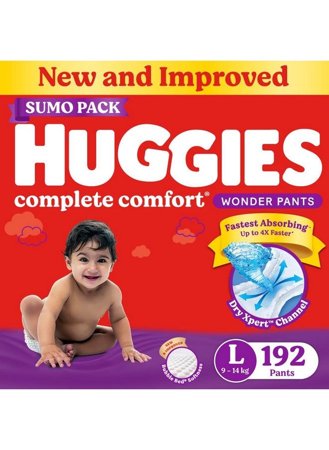 Huggies Huggies Complete Comfort Wonder Pants | Pant Style Baby Diapers L Size, 192 Count | India's Fastest Absorbing Diaper, Patented Dry Xpert Channel, Ideal for 9 to 14 Kgs  - Image 1