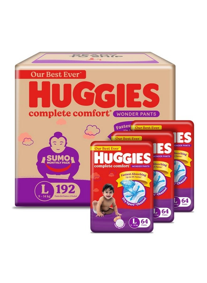 Huggies Huggies Complete Comfort Wonder Pants | Pant Style Baby Diapers L Size, 192 Count | India's Fastest Absorbing Diaper, Patented Dry Xpert Channel, Ideal for 9 to 14 Kgs  - Image 2