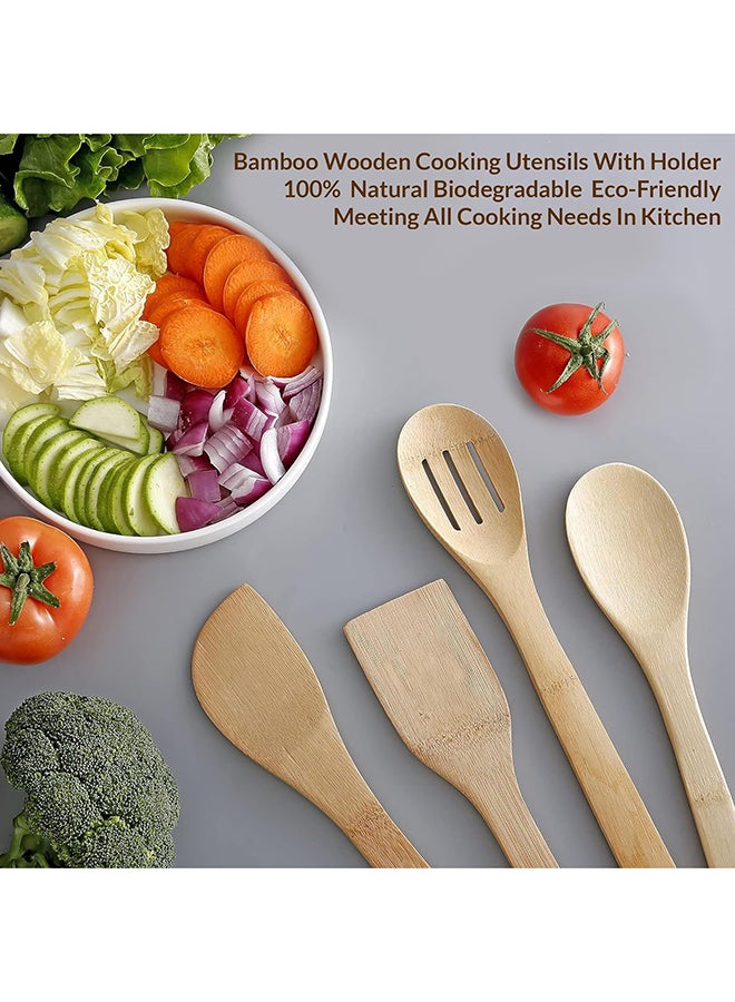 Home Pro Bamboo Spoons With Holder For Cooking (Set Of 4 Pcs) Non Stick Bamboo Spatulas Natural & Lightweight Cooking Spatula Set - Image 3