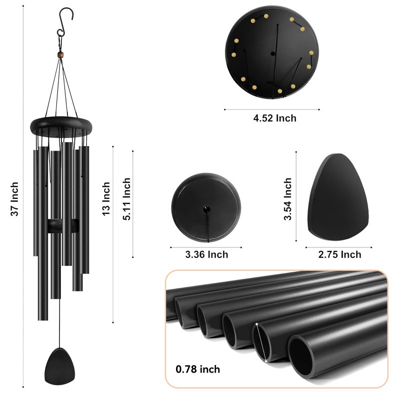 Bursvik Large Aluminium Wind Chimes 37 Inches to Create a Zen Atmosphere Suitable for Outdoor, Garden, Patio Decoration. Classic Wind Chimes with Wind Catcher as a Gift for Unisex(Whole Black) - Image 3