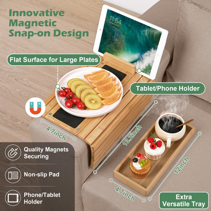 Joy&Grace Couch Arm Tray, 3-in-1 Magnetic Detachable Sofa Arm Table with Phone and Tablet Holder Bamboo Couch Cup Holder, Foldable Sofa Armrest Tray for Eating, Drinks, Phones (Natural) - Image 2