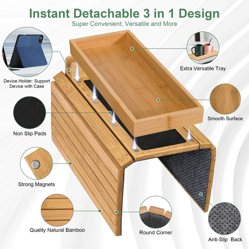 Joy&Grace Couch Arm Tray, 3-in-1 Magnetic Detachable Sofa Arm Table with Phone and Tablet Holder Bamboo Couch Cup Holder, Foldable Sofa Armrest Tray for Eating, Drinks, Phones (Natural) - Image 3