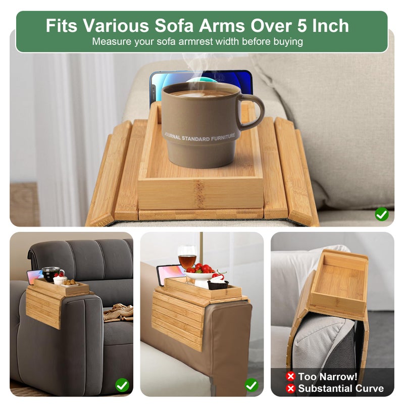 Joy&Grace Couch Arm Tray, 3-in-1 Magnetic Detachable Sofa Arm Table with Phone and Tablet Holder Bamboo Couch Cup Holder, Foldable Sofa Armrest Tray for Eating, Drinks, Phones (Natural) - Image 5