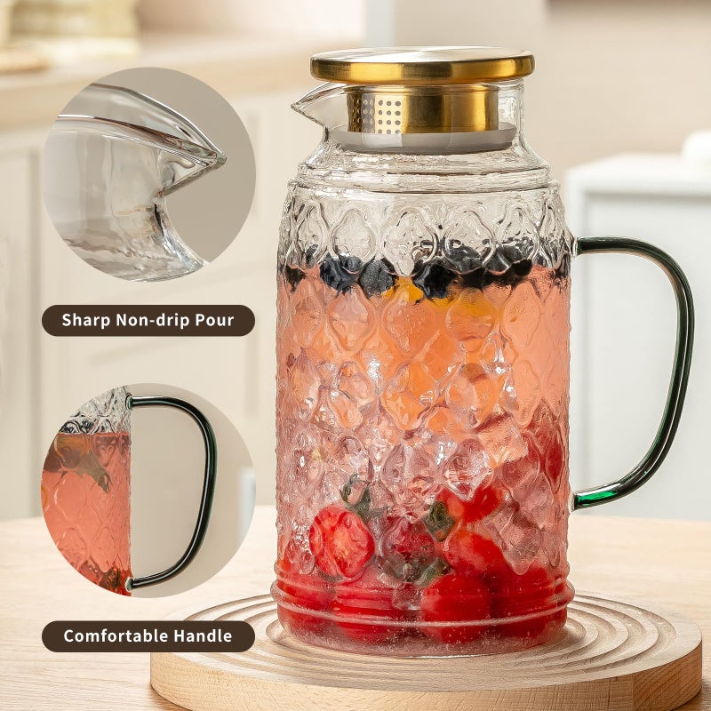 Buaic Glass Pitcher with Lid, 68 oz/2 Liter Vintage Water Pitcher, Clear Borosilicate Glass Water Carafe for Cold Brew, Coffee, Lemonade, Iced Tea, Juice, Beverage, Heat Resistant Water Glass Jug - Image 4