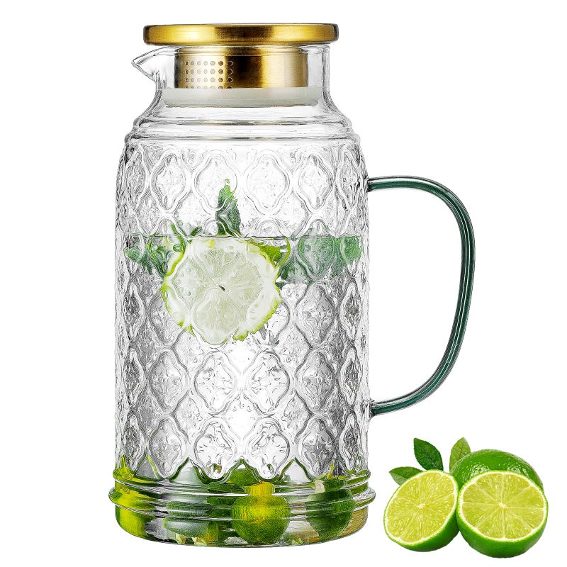 Buaic Glass Pitcher with Lid, 68 oz/2 Liter Vintage Water Pitcher, Clear Borosilicate Glass Water Carafe for Cold Brew, Coffee, Lemonade, Iced Tea, Juice, Beverage, Heat Resistant Water Glass Jug - Image 1