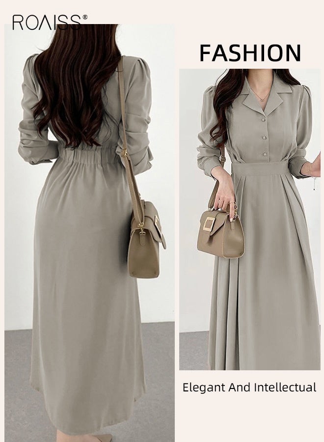 رويس فستان قميص نسائي سادة، فستان أنيق وأنيق للسيدات، فستان بأكمام منفوشة وأزرار مع طية صدر وخصرة ضيقة، مناسب للارتداء اليومي أو أي مناسبة - Image 3