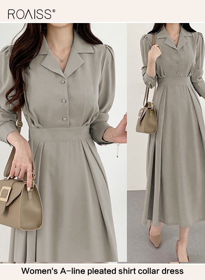 رويس فستان قميص نسائي سادة، فستان أنيق وأنيق للسيدات، فستان بأكمام منفوشة وأزرار مع طية صدر وخصرة ضيقة، مناسب للارتداء اليومي أو أي مناسبة - Image 4